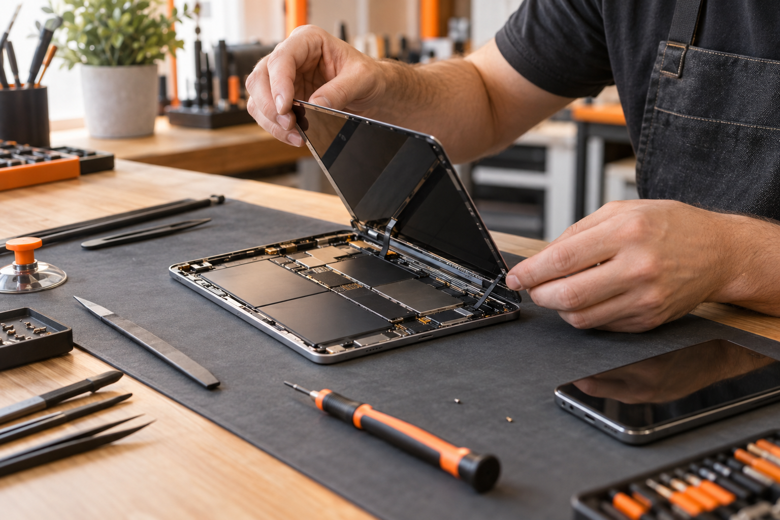 Illustrative close-up of a technician carefully working on an open tablet