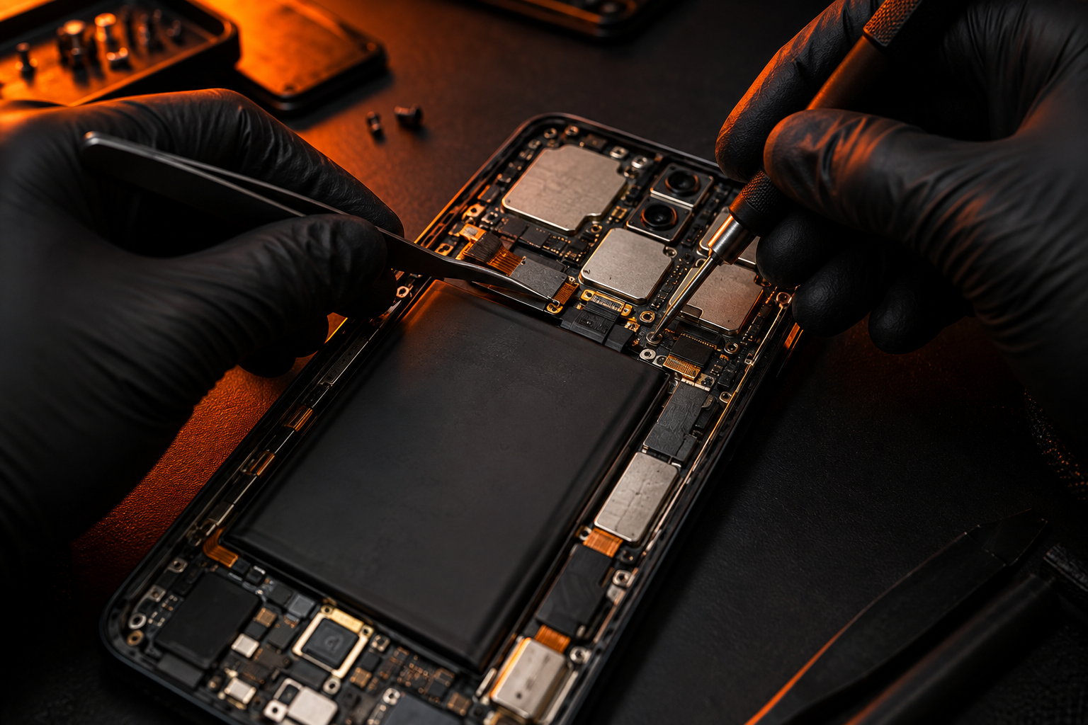 Gloved technician working on the inside of a phone