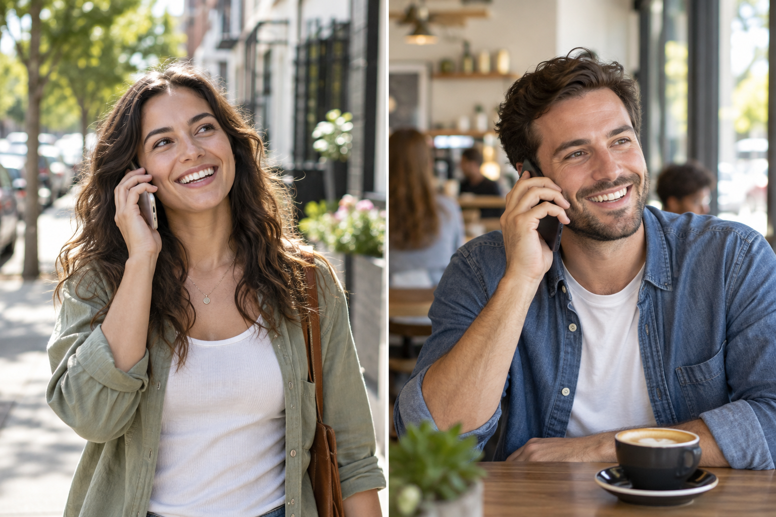 Two smiling people enjoying phone calls, a woman outdoors and a man in a cafe